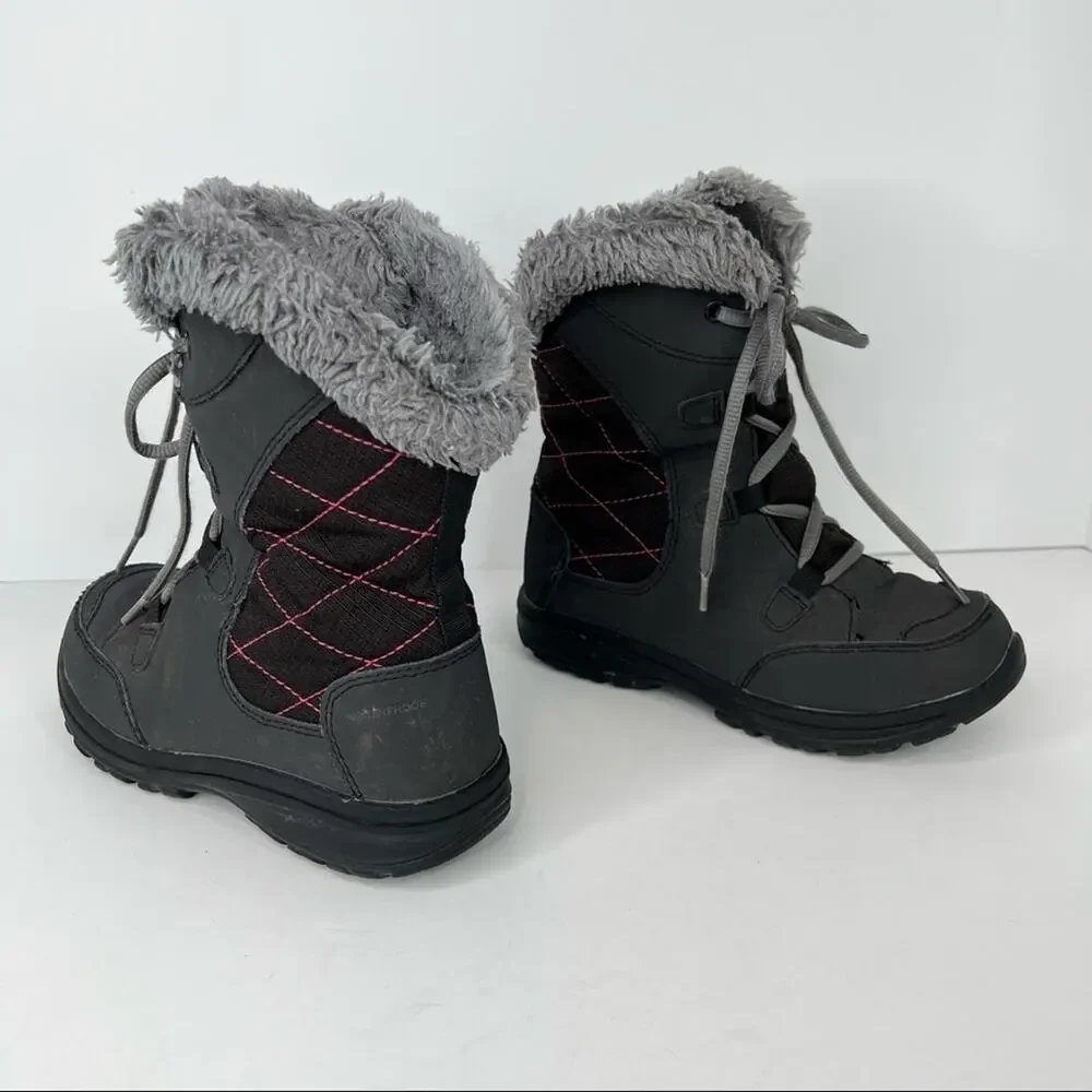 Columbia charcoal gray pink faux fur trim winter lace up ankle snow boots size 1